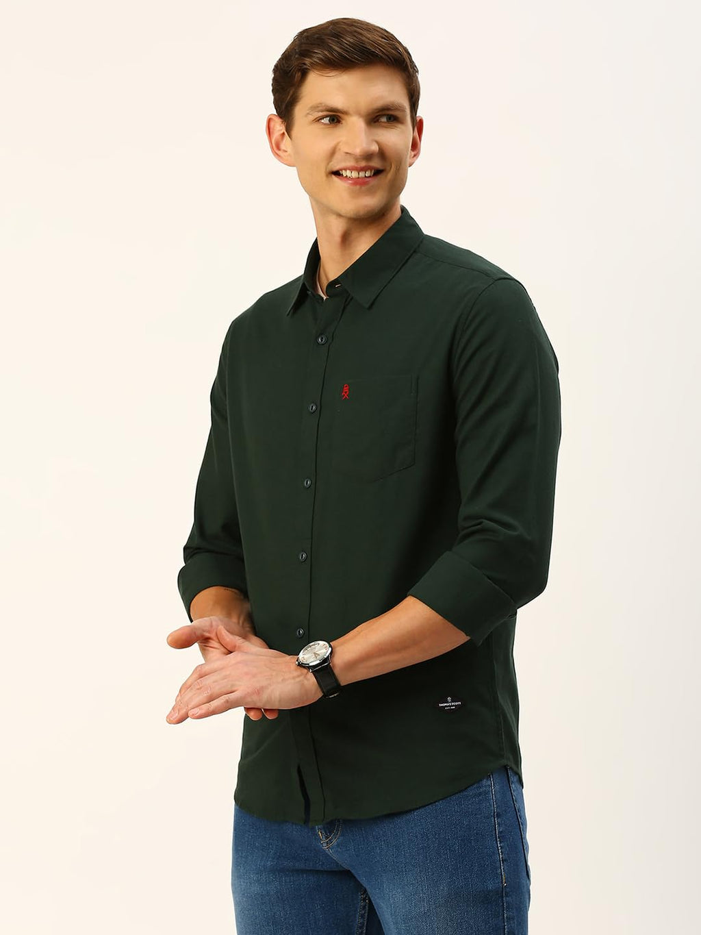 Thomas Scott Mens Classic Slim Fit Flannel Casual Shirt Dark Green