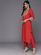 Varanga Women Red Zari Embroidered Kurta With Bottom And Dupatta