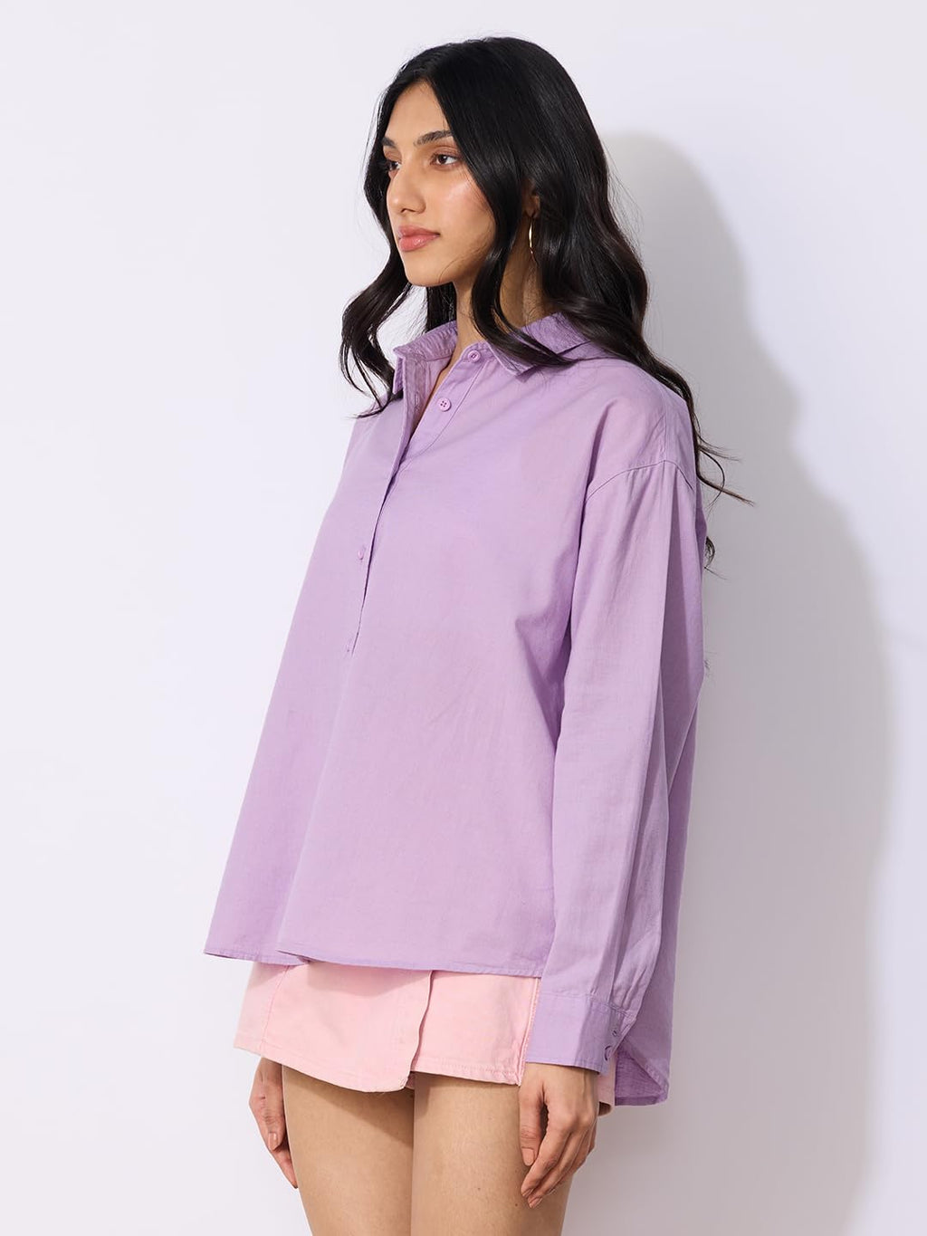 The Souled Store Cotton Linen: Lavender Women and Girls Long Sleeves Collared Neck Button Front Solid Cotton Linen Boyfriend Shi