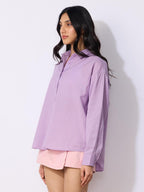 The Souled Store Cotton Linen: Lavender Women and Girls Long Sleeves Collared Neck Button Front Solid Cotton Linen Boyfriend Shi