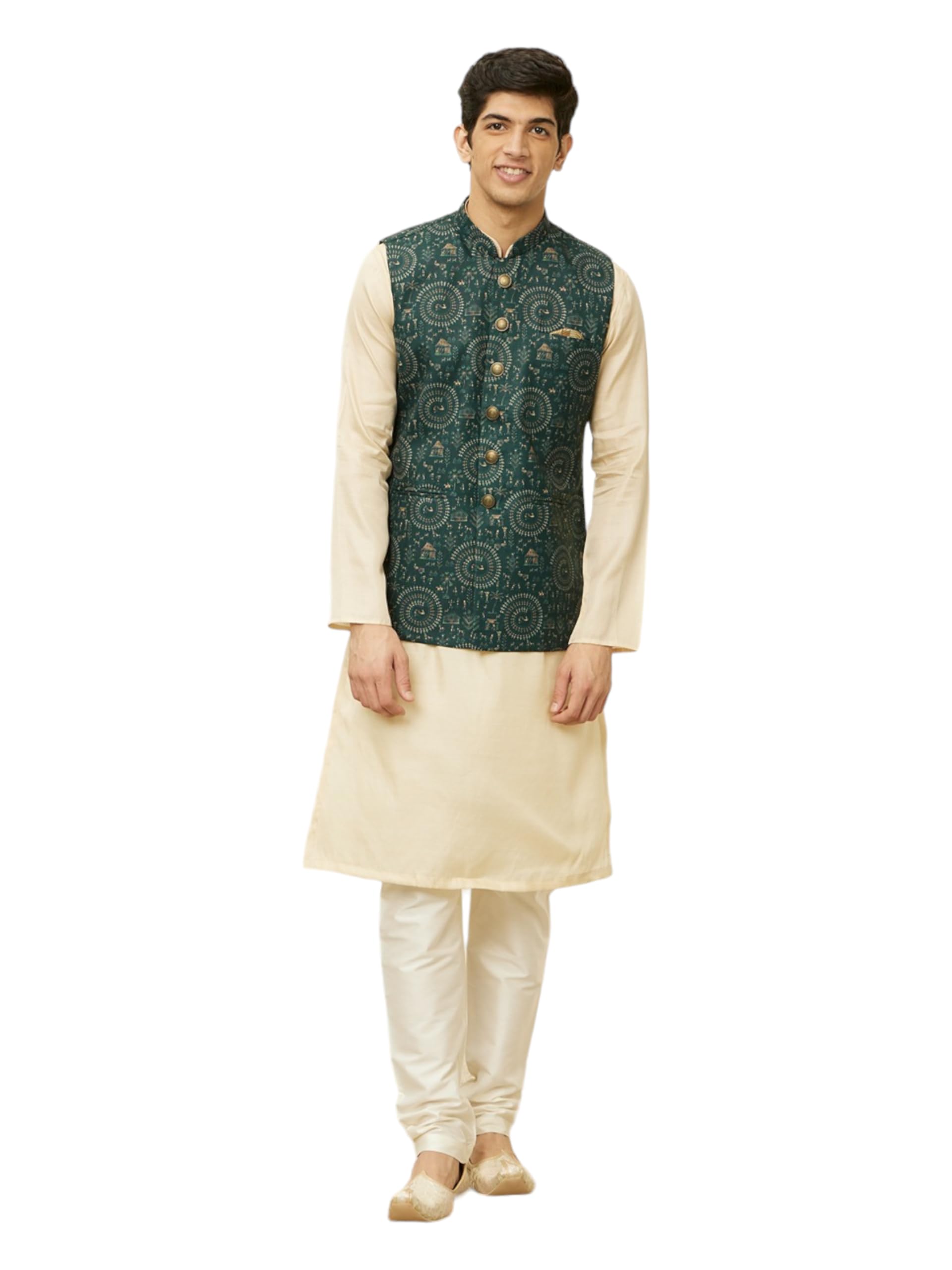 Manyavar Mens Green Blended Viscose Printed Jackets