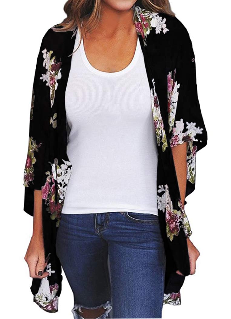 FINOCEANS Womens Floral Print Kimono Cardigans Loose Beach Cover Up Black XX-Large