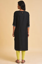 W Black Geometric Printed Cotton-Rayon Blend Straight Long Kurta For Women