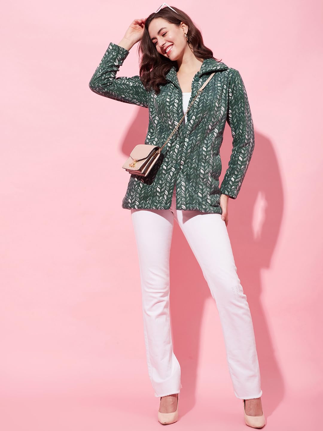 Modeve Women Printed Full Sleeve Olive Jacket For Winter