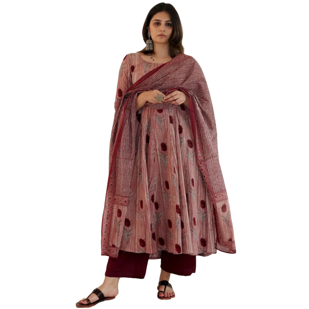 ANNI DESIGNER Womens Rayon Blend Printed Anarkali Kurta with Pant & Dupatta (Prisha Wine_3XL_Wine_XXX-Large)