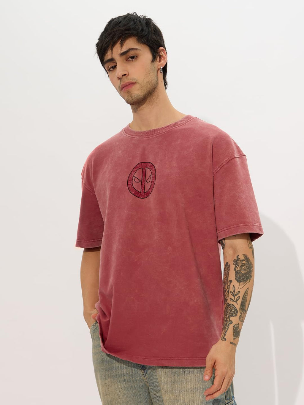 The Souled Store Official Deadpool: Anti-Hero Men and Boys Short Sleeves Round Neck Pink Graphic Printed Cotton Oversized T-Shir