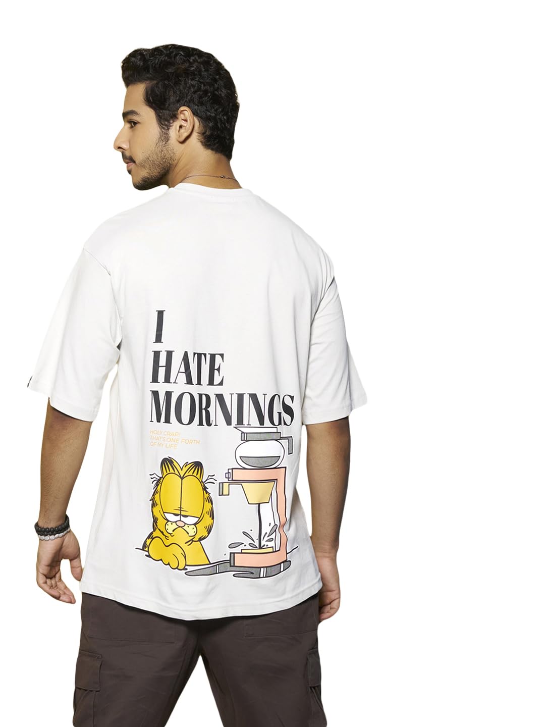 Bewakoof X Official Garfield Merchandise Mens Garfield Hates Mornings Graphic Print 100% Cotton T-Shirt - Oversized Fit, Round 