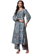 ANNI DESIGNER Womens Rayon Blend Straight Printed Kurta with Pant (Marco Teal_M_Teal Blue_Medium)