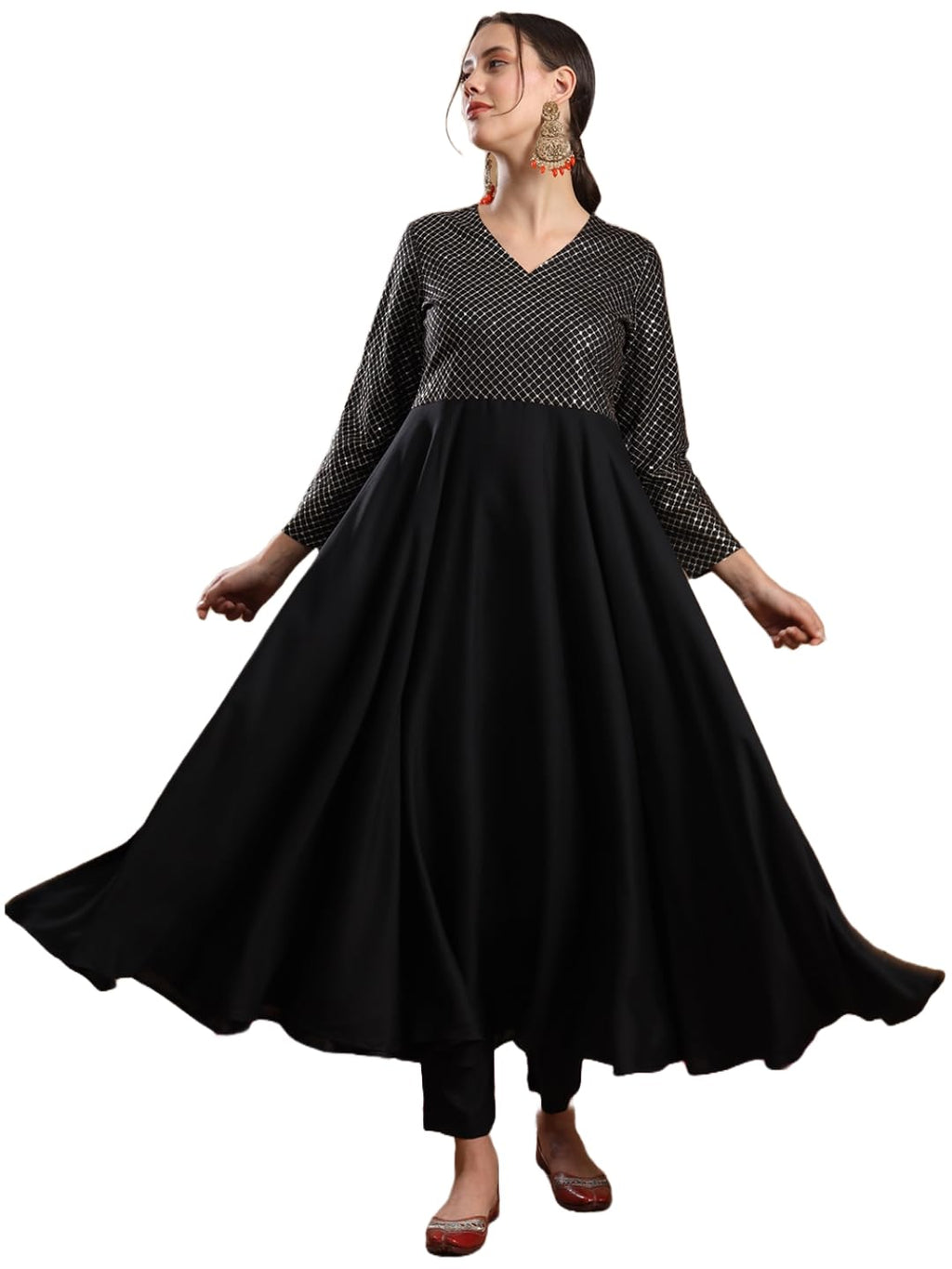 ANNI DESIGNER Women's Viscose Rayon Mukaish Work Anarkali Kurta with Pant & Dupatta (Park Black_M_Black_Medium)