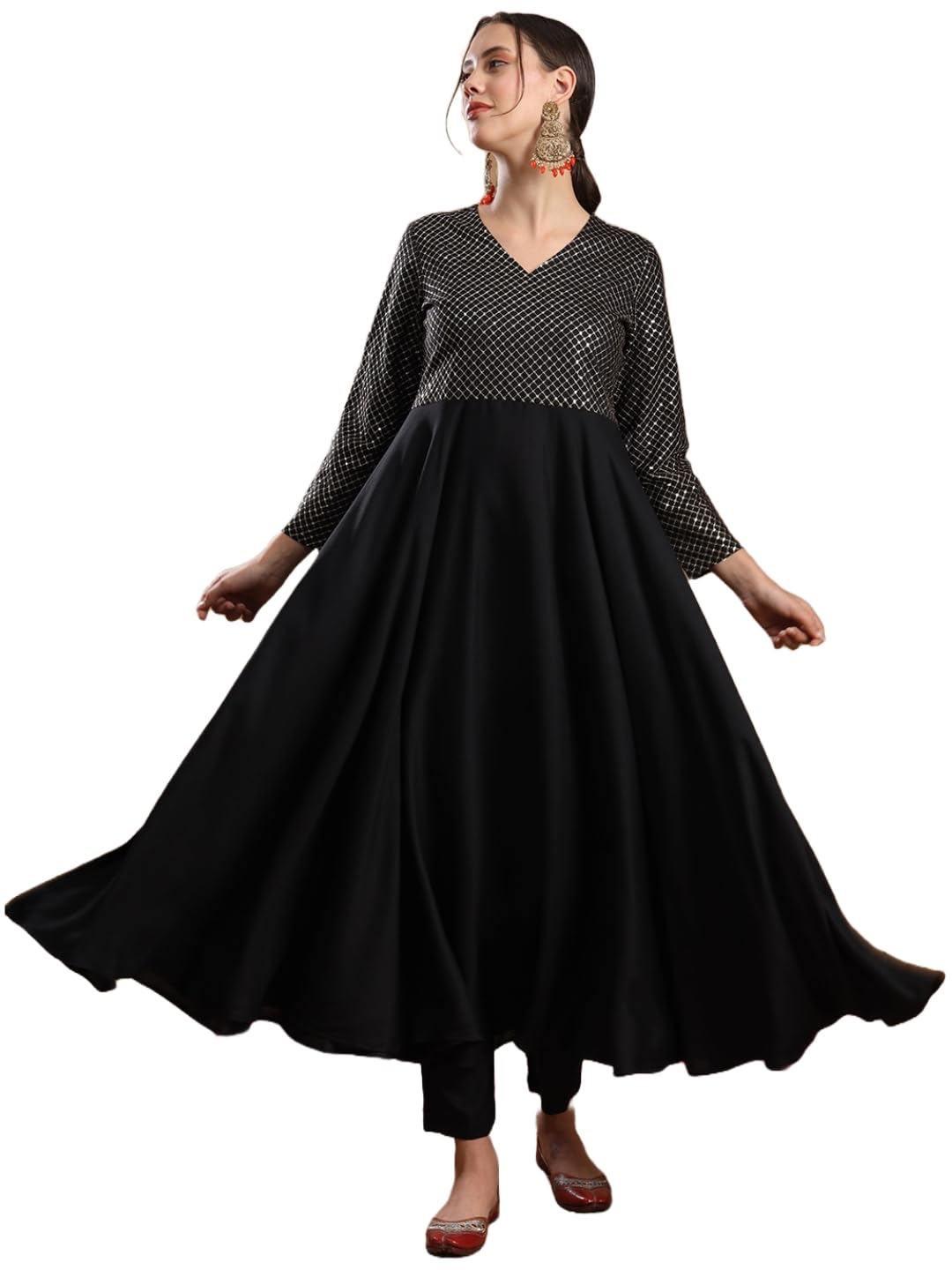 ANNI DESIGNER Women's Viscose Rayon Mukaish Work Anarkali Kurta with Pant & Dupatta (Park Black_M_Black_Medium)