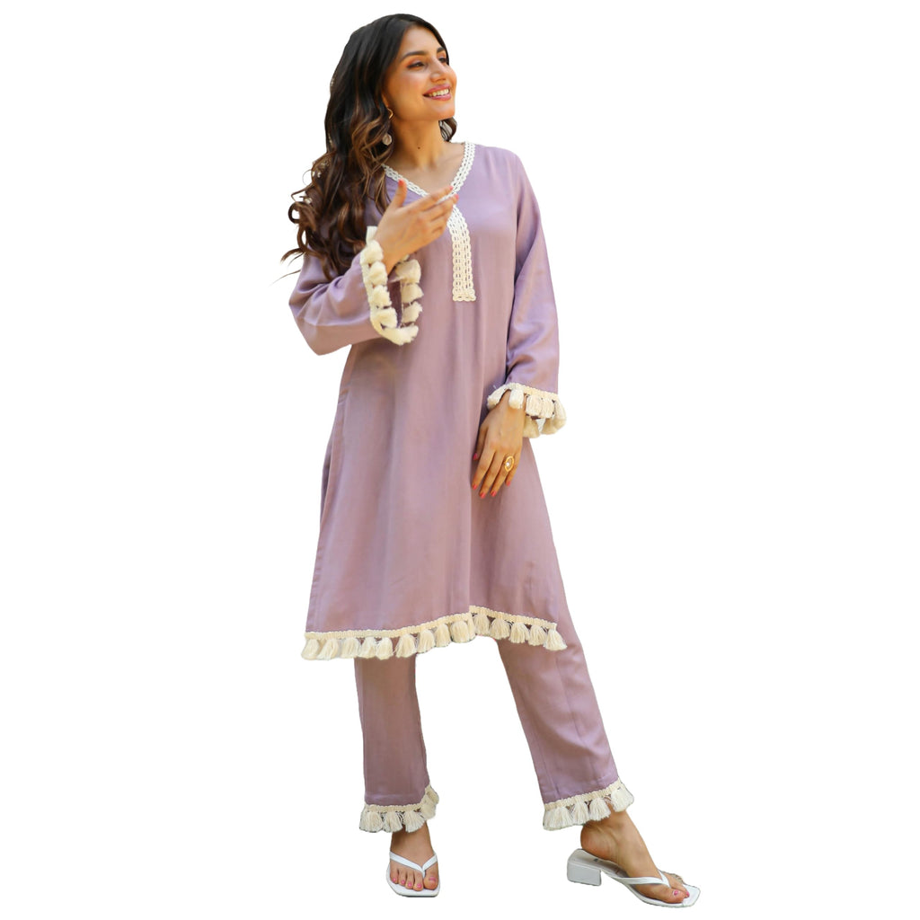 ANNI DESIGNER Womens Rayon Viscose Straight Yoke Design Lace Kurta with Pant (Khedaram Purple_M_Purple_Medium)
