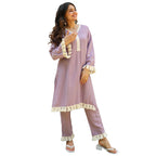ANNI DESIGNER Womens Rayon Viscose Straight Yoke Design Lace Kurta with Pant (Khedaram Purple_S_Purple_Small)