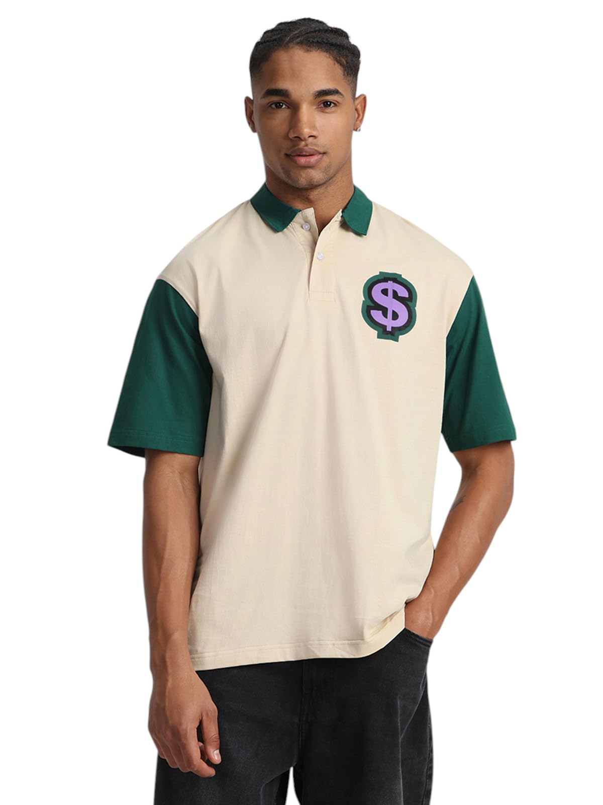 Veirdo Men's Oversized Baggy Fit Drop Shoulder Short Sleeve Graphic Printed Polo Neck T-Shirt