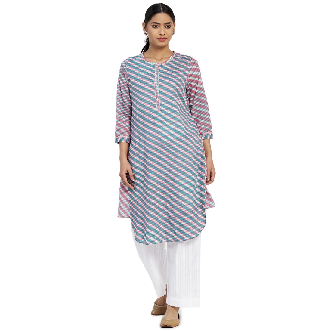 Fabindia Women Block Printed Cotton Knee Length Kurta Hand_Xl Multicolour