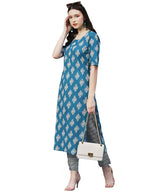 Gosriki Women'S Cotton Blend Printed Straight Kurta With Pant (Shagun-Blue-Gs_S_Blue_Small)