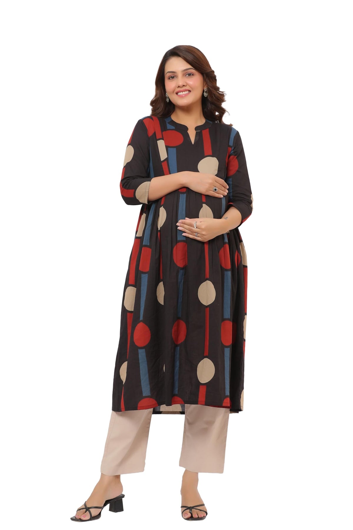 Crafiqa Pre & Post Maternity/Nursing Wear Hand Printed Kurta Cum Midi Dress/Nighty With Both Sides Zipper Easy Feeding To Be Mom 2