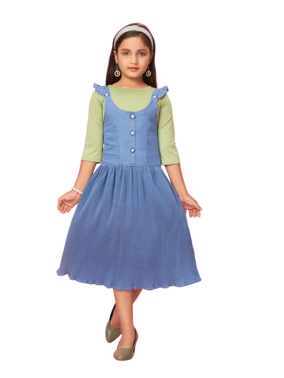 Aarika Girls Blue-Green Color Cotton Blend Solid Dress (New_DR-31439-BLUE-GREEN-22)