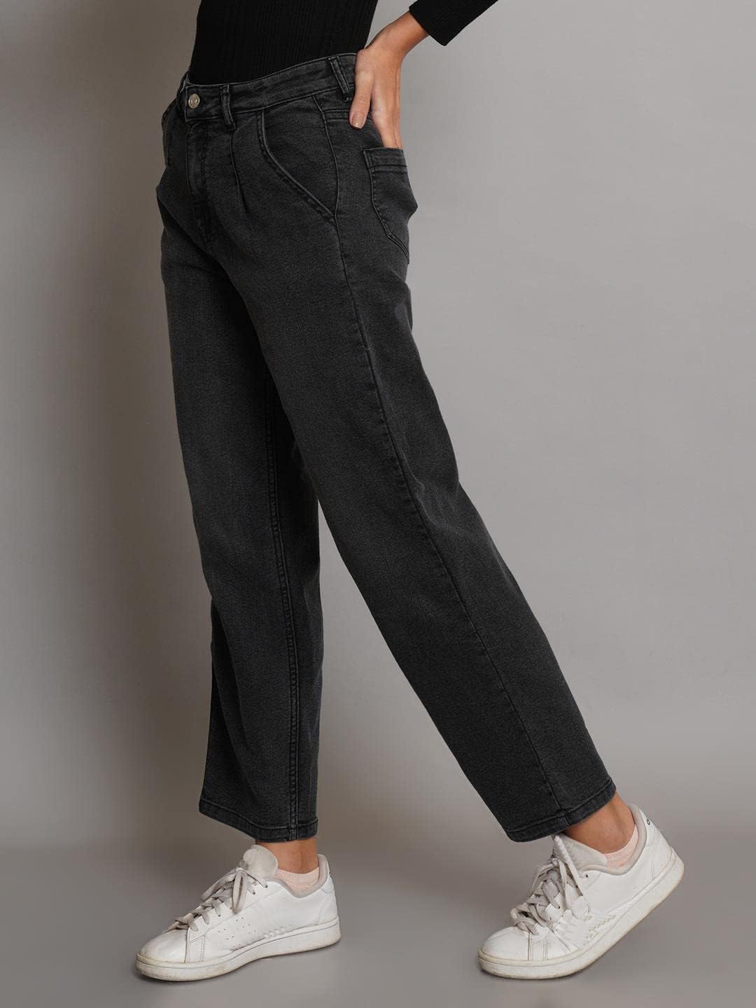 Kotty WomenS High Rise Cotton Lycra Blend Ankle Length Relaxed Fit Jeans Jade Black
