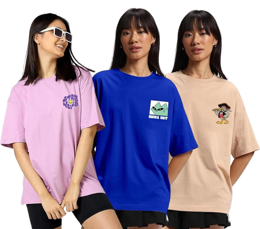 Juneberry Pure Cotton Oversized Loose Baggy Fit Drop Shoulder Half Sleeve Cool Front & Back Graphic Printed Round Neck T-Shirt F