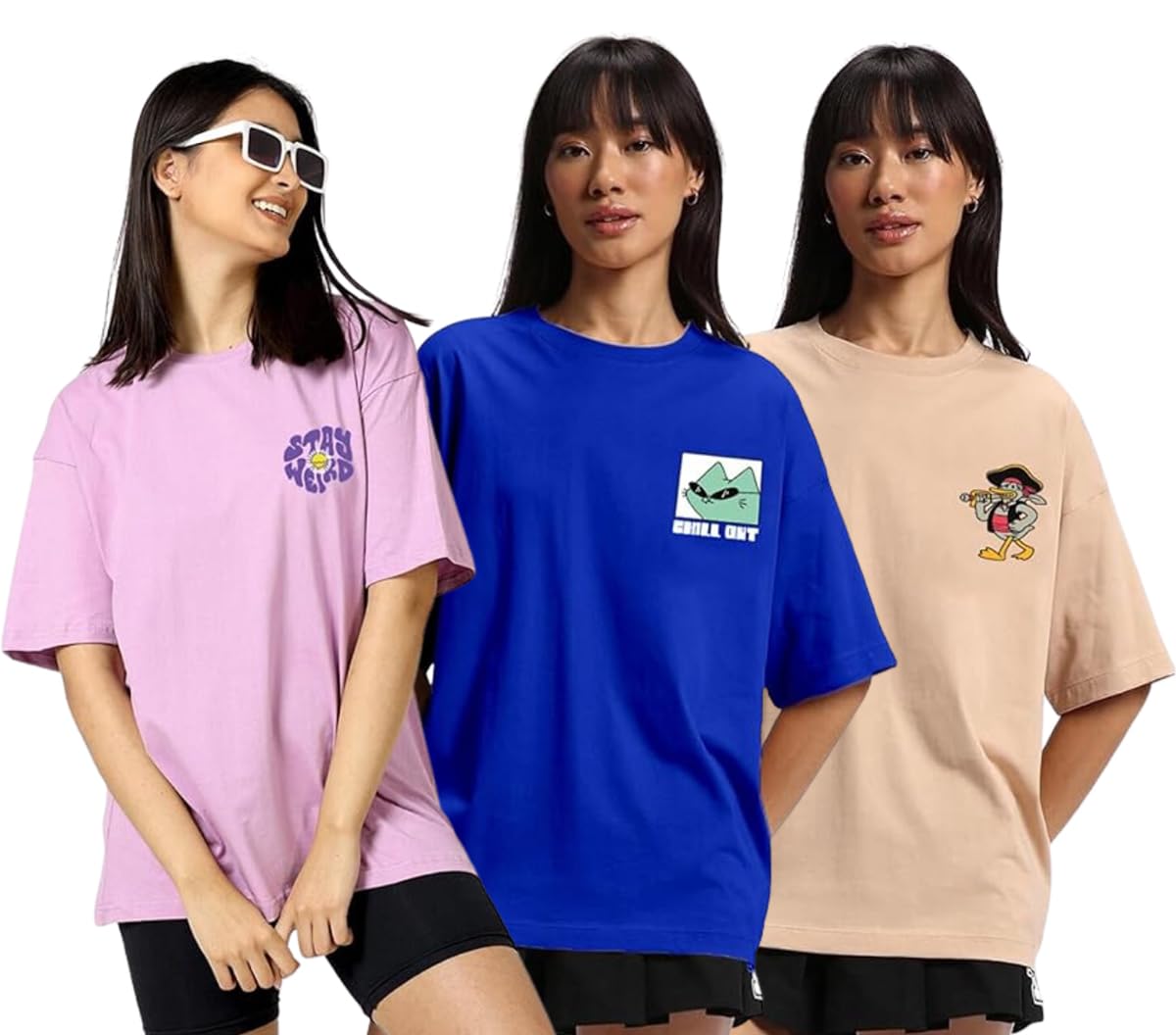 Juneberry Pure Cotton Oversized Loose Baggy Fit Drop Shoulder Half Sleeve Cool Front & Back Graphic Printed Round Neck T-Shirt F