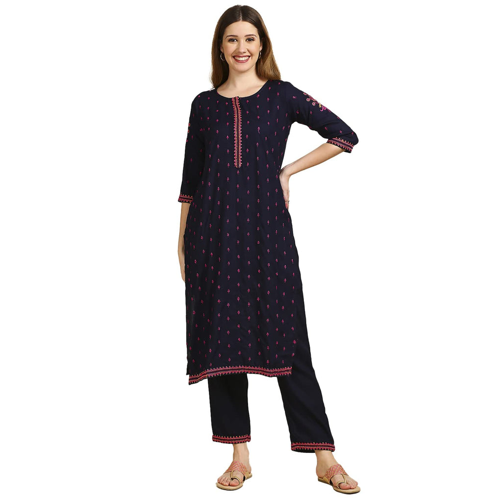 Anubhutee Women'S Rayon Navy Blue Mirror Work Ethnic Motifs Embroidered Straight Kurta Suit Set With Palazzo