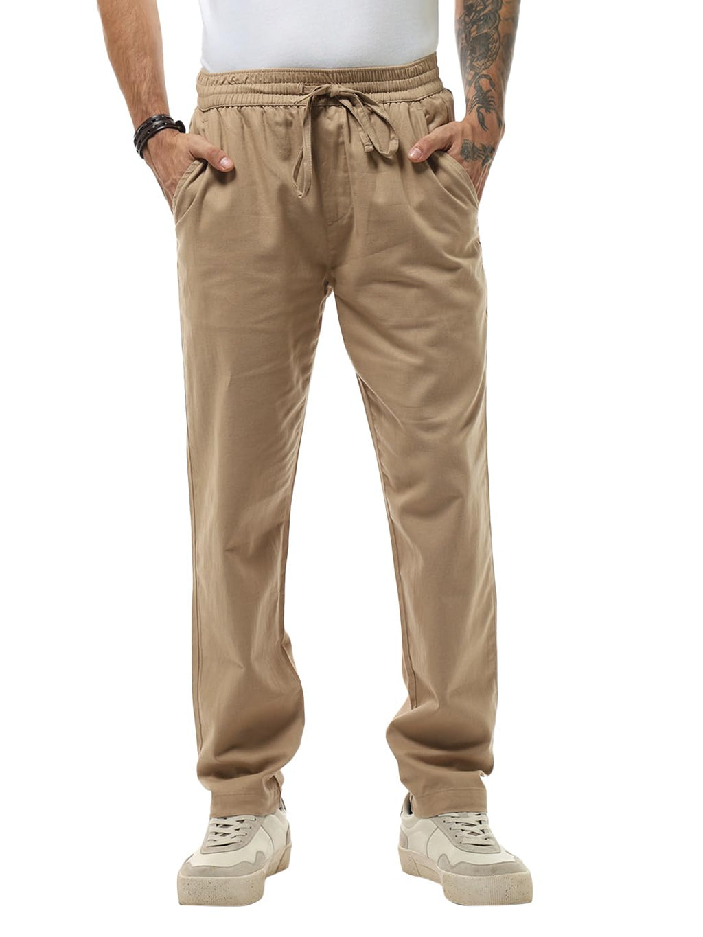 Bewakoof Mens Solid Straight Fit Cotton Linen Blend Casual Pants_628763_Brown_S