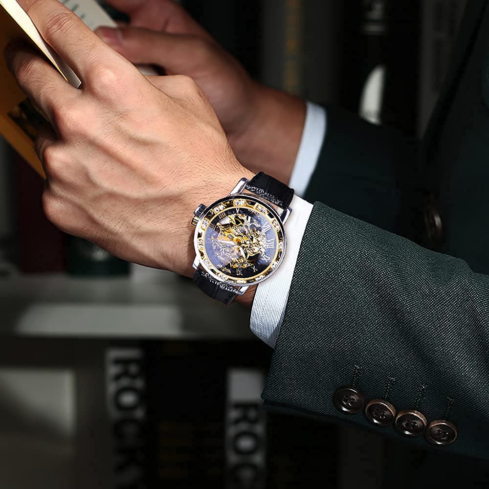 Winner Retro Manual Mechanical Skeleton Watch with Diamond and Carving Flower Craft Men Skeleton Wrist Watch Mechanical Classic