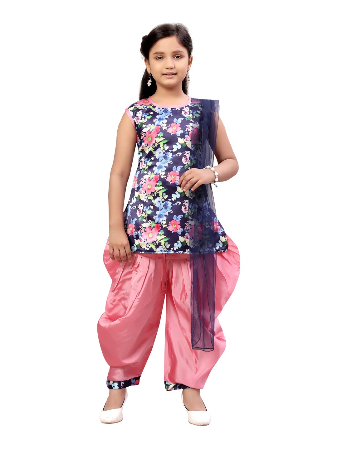 Aarika GirlS Silk Kurti Patiala Set (Pt-22153_Navy Blu-Pink_28)