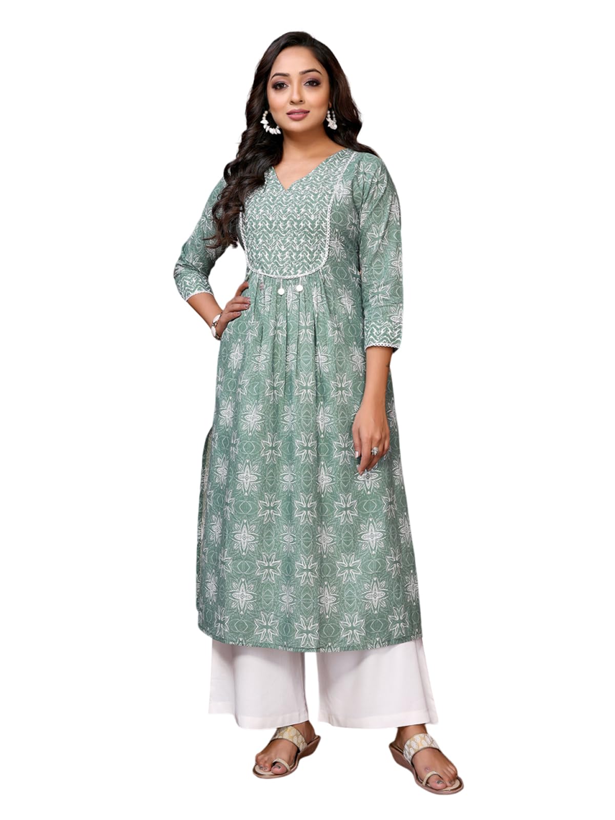 rangita Green Cotton Calf Length Embroidered A-Line Kurti | Kurta for Women_XL