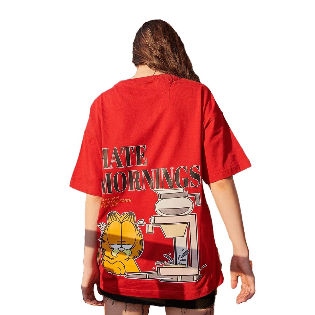 Bewakoof Womens Cotton Garfield Hates Mornings Graphic Printed T Shirt - Oversized Fit, Round Neck, Half Sleeves_585779_Red_M