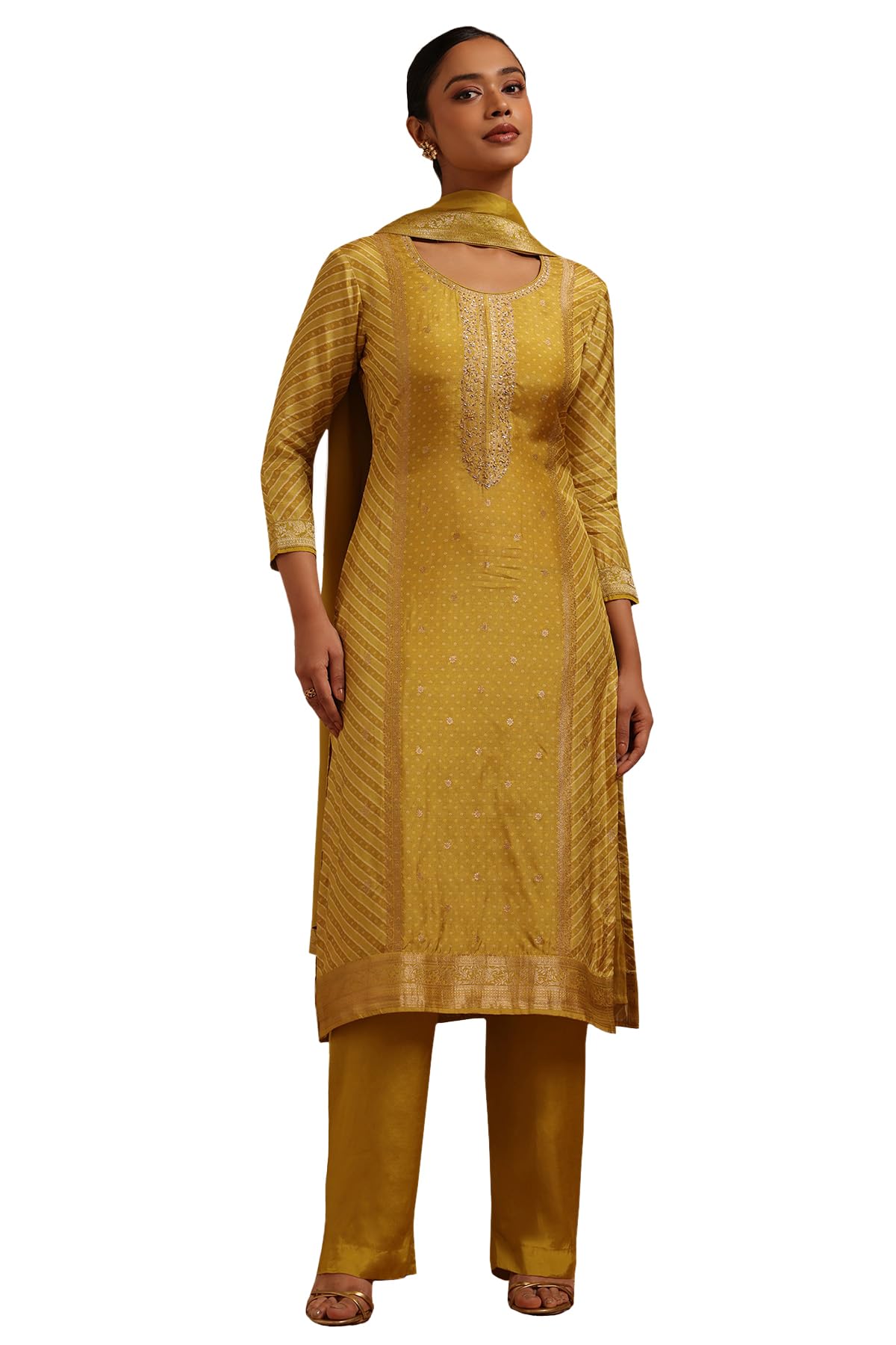 Soch Women Dola Silk Bandhani Printed Zari Woven Suit Set with Cutwork