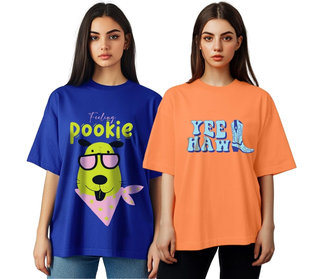 Juneberry Pack Of 2, 100% Pure Cotton, Round Neck, Oversized, Loose, Baggy Fit, Drop Shoulder, Graphic Printed, Half Sleeve T-Sh