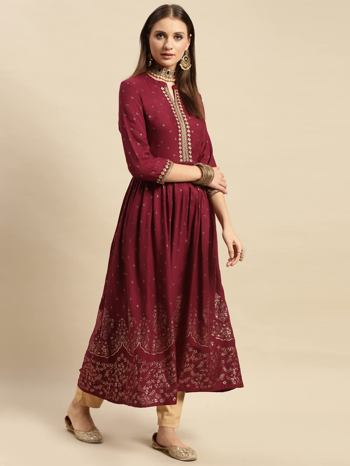 Rangita Maroon Rayon Calf Length Embroidered Flared Kurti For Women | Kurta For Women