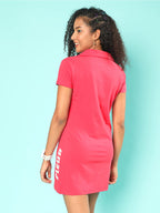 Juneberry Women Polo Collar Bodycon Viva Magenta T-Shirt Dress With Typographic Print