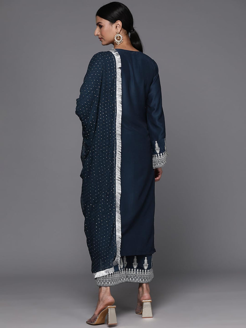 Varanga Women Navy Blue Embroidered Straight Kurta Paired With Tonal Bottom And Dotted Dupatta With Four Sided Fringes