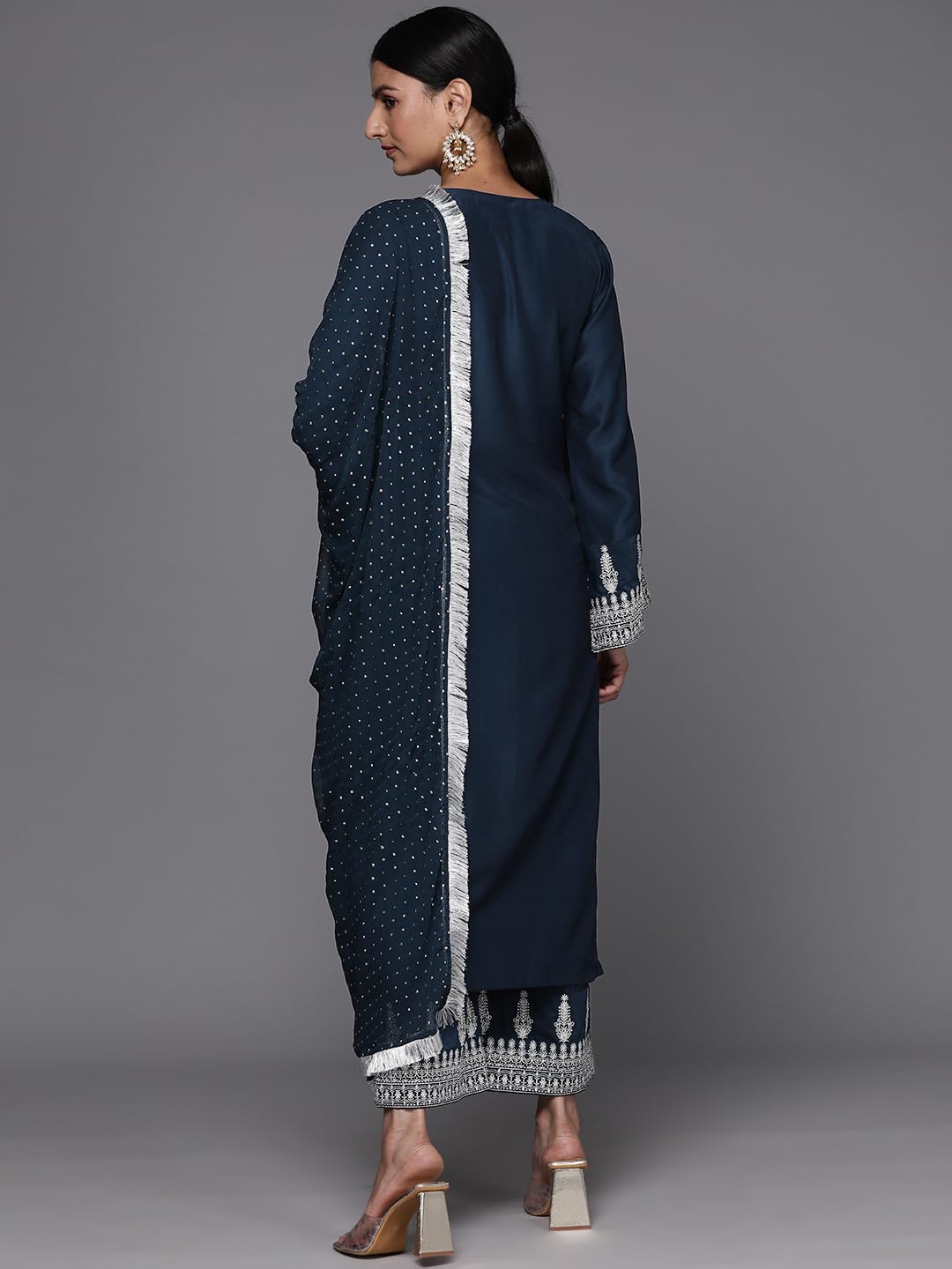 Varanga Women Navy Blue Embroidered Straight Kurta Paired With Tonal Bottom And Dotted Dupatta With Four Sided Fringes