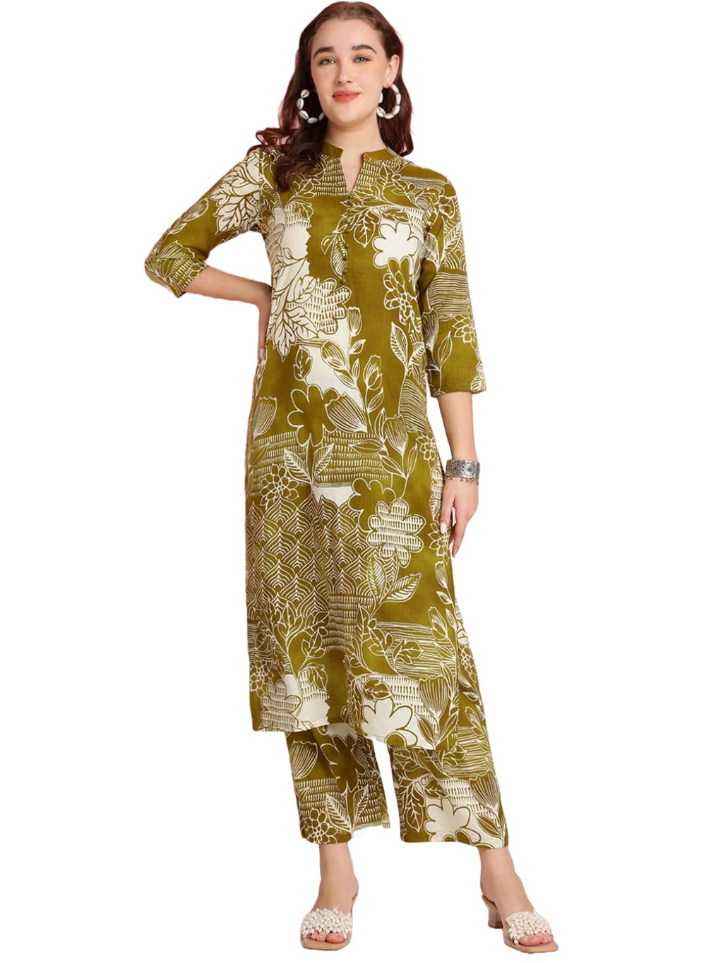 ANNI DESIGNER Womens Rayon Blend Straight Printed Kurta with Pant (Tomsk Mehandi_L_Mehandi_Large)
