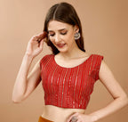 Pujia Mills WomenS Sequin Embroidered U Neck Sleeveless Readymade Saree Blouse Indian Ethnic Designer Stitched WomenS Red Blou