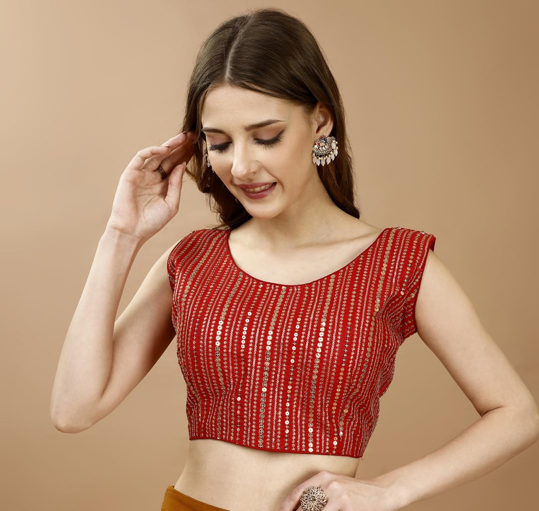 Pujia Mills WomenS Sequin Embroidered U Neck Sleeveless Readymade Saree Blouse Indian Ethnic Designer Stitched WomenS Red Blou