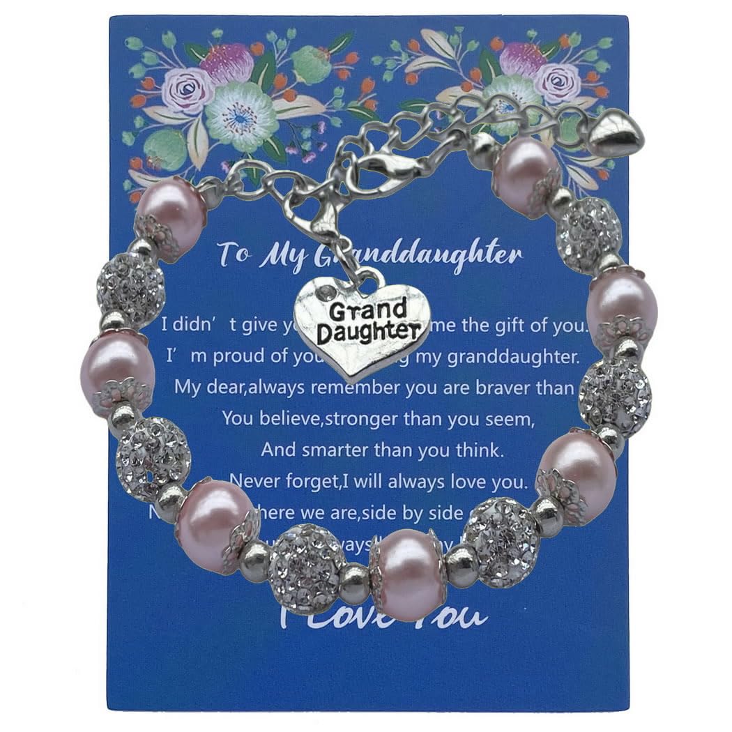 DOLON Pink Faux Pearls Beaded Heart Charm Granddaugther Bracelet Jewelry with Rhinestone Balls Faux Pearl Birthday Christmas Hol