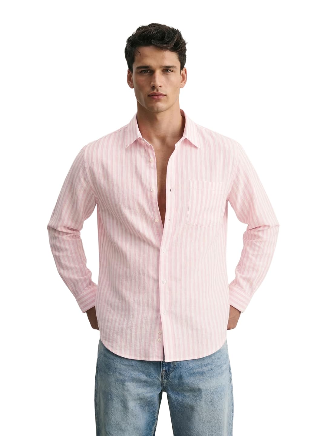 The Indian Garage Co Mens Relaxed Fit Vertical Striped Cutaway Collar Full Sleeves Shirt