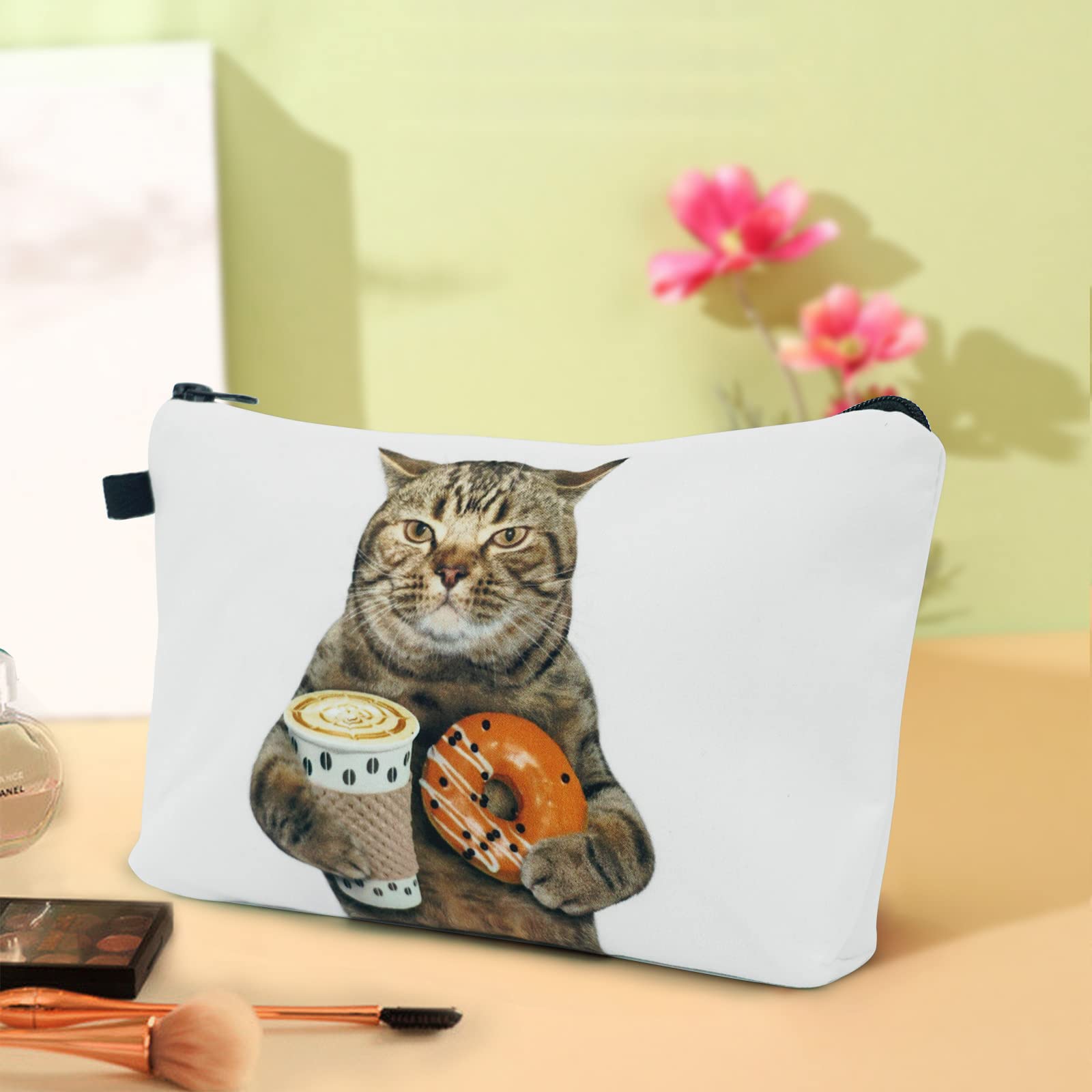 Cosmetic Bags for Women Small Funny Cat Holding Donut and Coffee Makeup Bag for Purse Travel Toiletry Bag Accessories Organizer