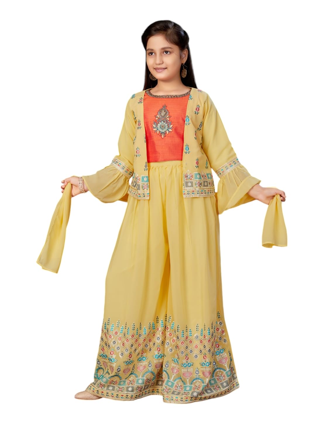 Aarika Girls Ethnic Wear Lemon-Orange Colour Zari Thread Embroidery Georgette Top Palazzo Set With Shrug (4-15 Years)