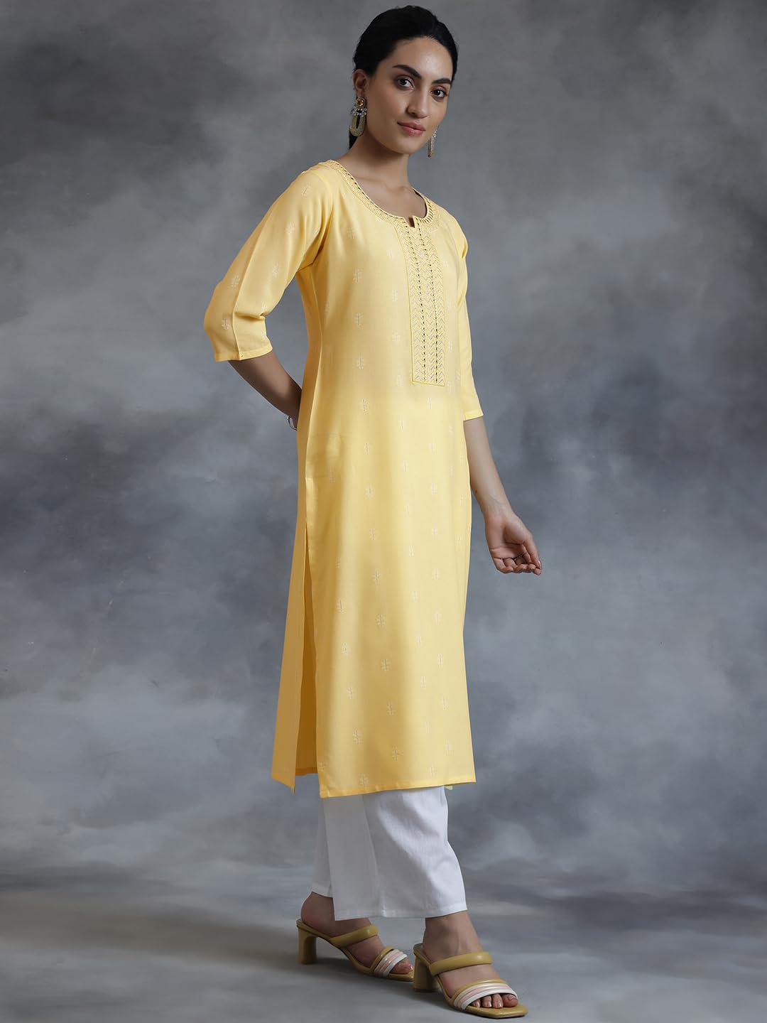Libas WomenS Cotton Woven Design Straight Kurta (26977_Yellow
