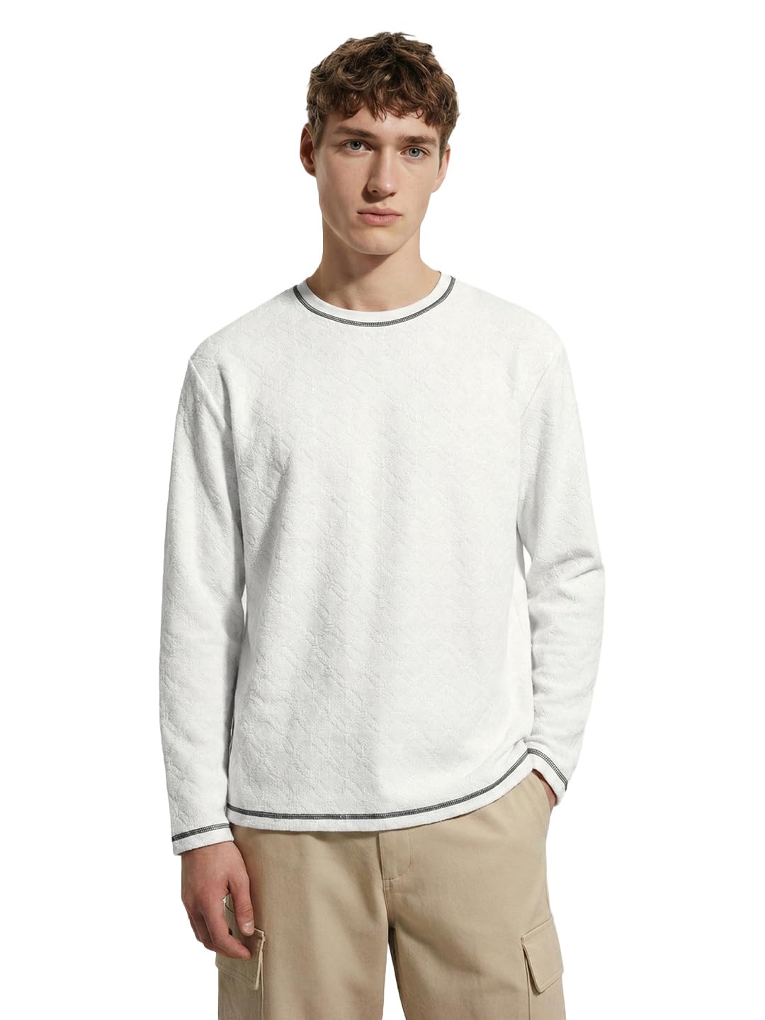 The Indian Garage Co Mens Relaxed Fit Long Sleeves Textured Crew Neck Sweater