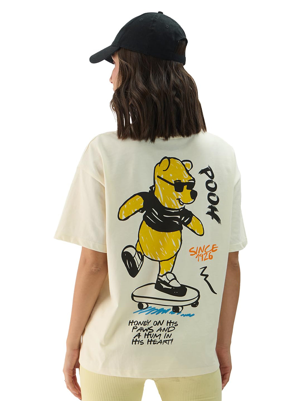 The Souled Store Disney: Winnie The Pooh Displacement Women and Girls Short Sleeve Round Neck Off White Graphic Print Oversized 