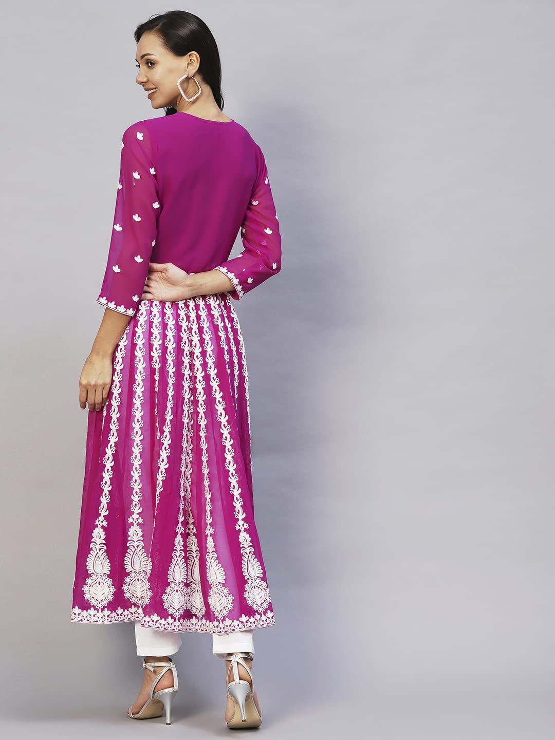 ANNI DESIGNER Womens Georgette Chikankari Embroidered Anarkali Kurti (Kari Pink_M_Dark Pink_Medium)