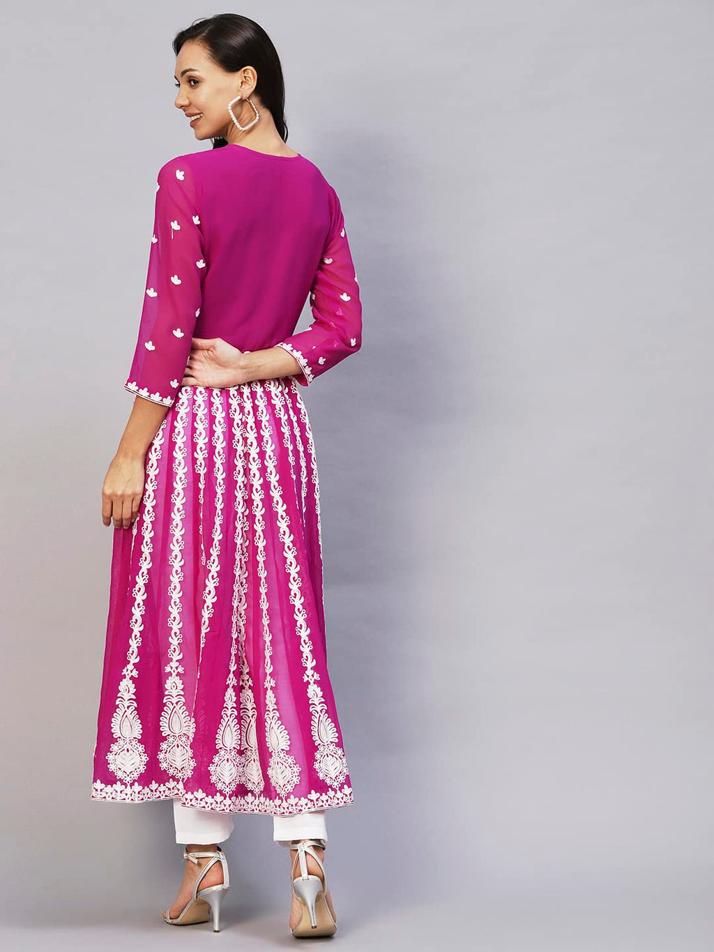 ANNI DESIGNER Womens Georgette Chikankari Embroidered Anarkali Kurti (Kari Pink-Nw1_M_Dark Pink_Medium)