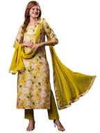 ANNI DESIGNER Womens Cotton Blend Straight Printed Kurta with Pant & Dupatta (KURU Yellow_L_Yellow_Large)