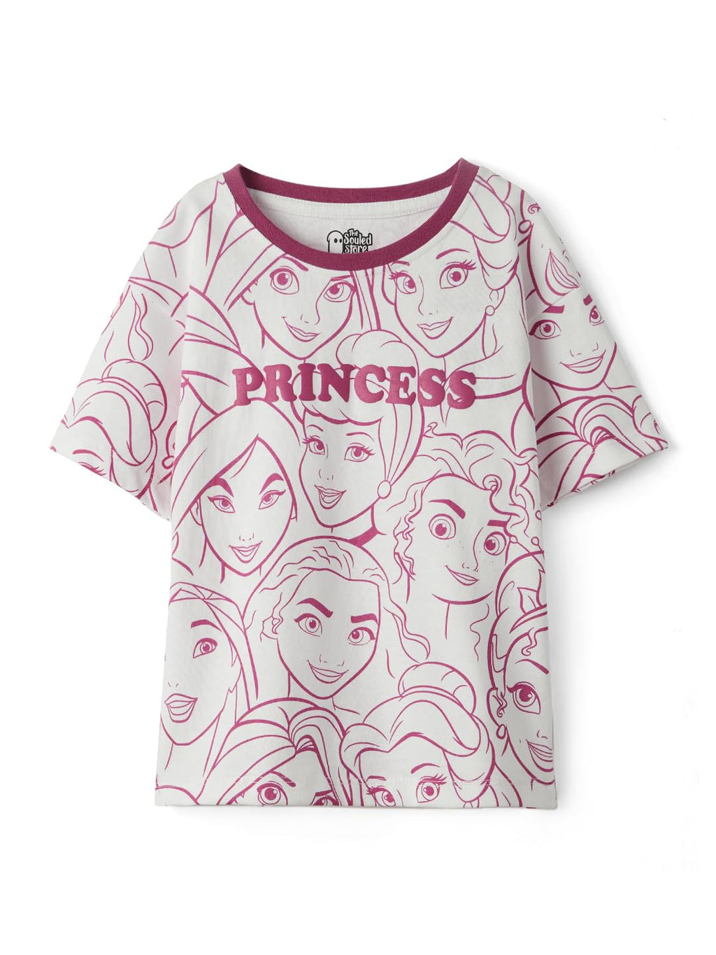 The Souled Store Official Disney: Puff Princess Girls Short Sleeve Round Neck Grey and Pink Graphic Printed Cotton Oversized T-S